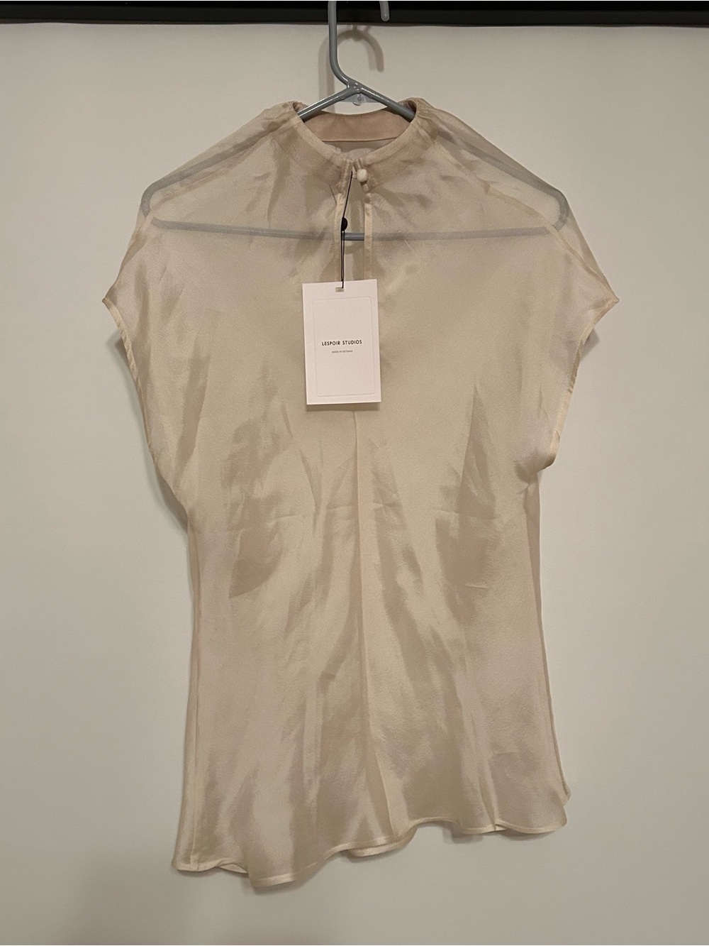 Sheer Cream Mock Neck Cap-Sleeve Blouse